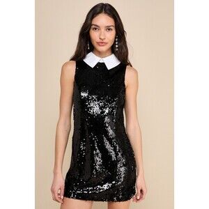 Lulus Poised Effect Black Sequin Sleeveless Collared Mini Dress - Size XS